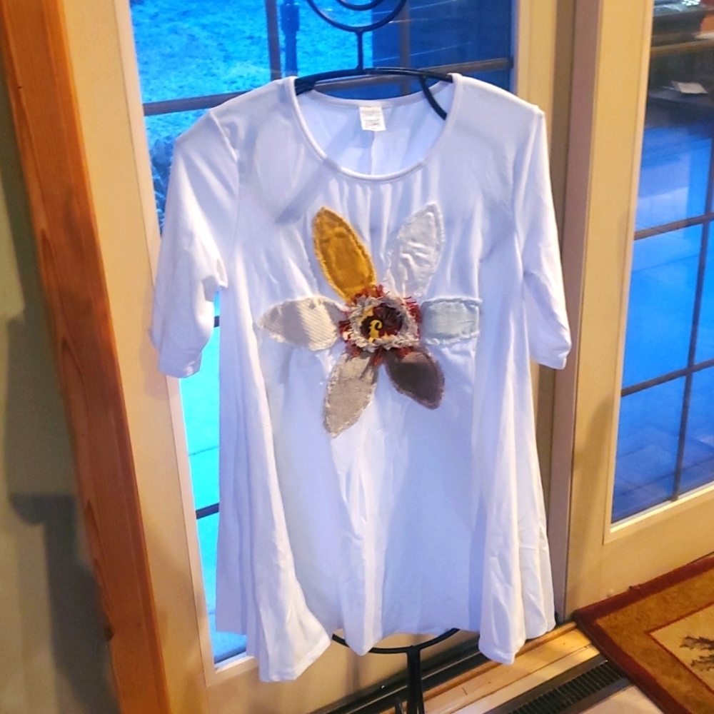 Lost Petal Linens White Short Sleeve Colorful Linen Flower Sz S Tunic Mini Dress